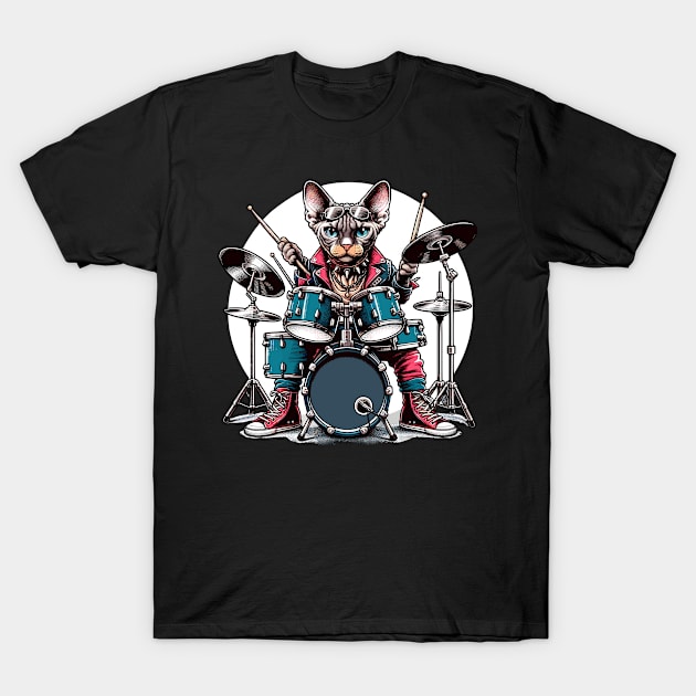 Devon Rex Cat Playing Drums T-Shirt by Graceful Designs